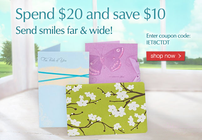 Send smiles far & wide! Spend 20 and save 10. Enter coupon code: IET8CTDT