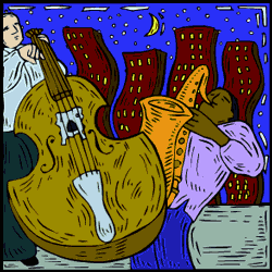 Jazz players in city background