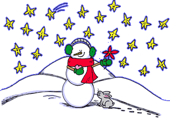 A snowman holding a flower and a heart while stars are twinkling