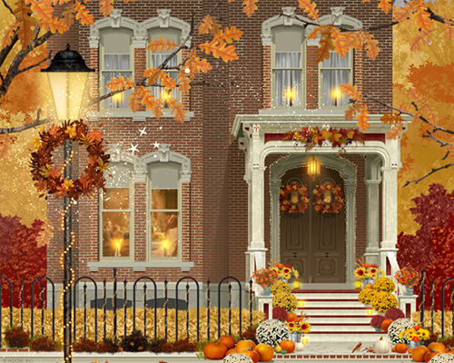 beauty and bounty brick houses with fall leaves and decorations