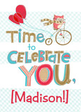 Bike-riding Owl Birthday with Name 5x7 Folded Card