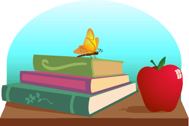 a butterfly poised on a stack of books reflects on an apple