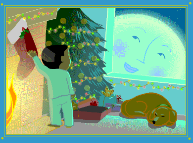 Moon smiling through window, fireplace, tree, child, stocking, sleeping dog