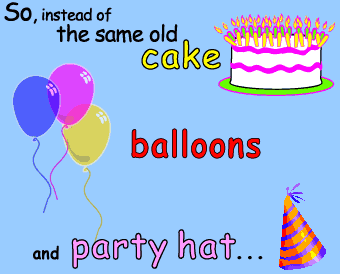 Cake, balloons and party hat