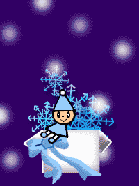 snowflakes and a snow elf pop out of a present