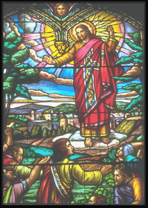 stained glass image of the resurrection, from Notre Dame Cathedral