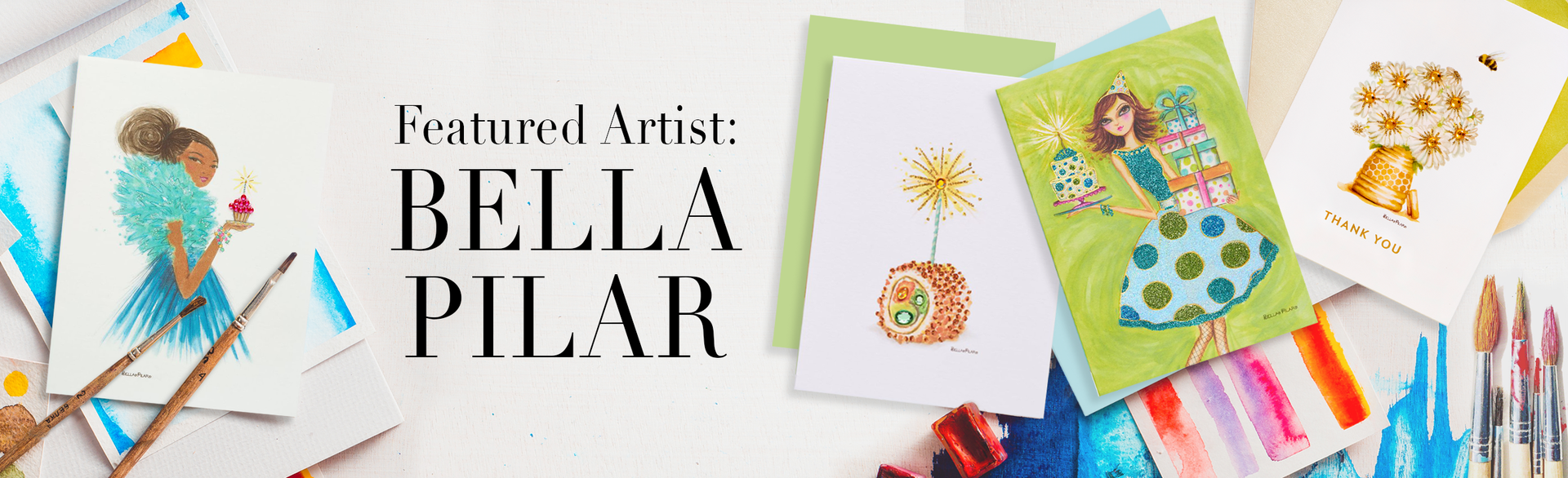 Bella Pilar Woman with Cupcake Card on Watercolor Art Pad