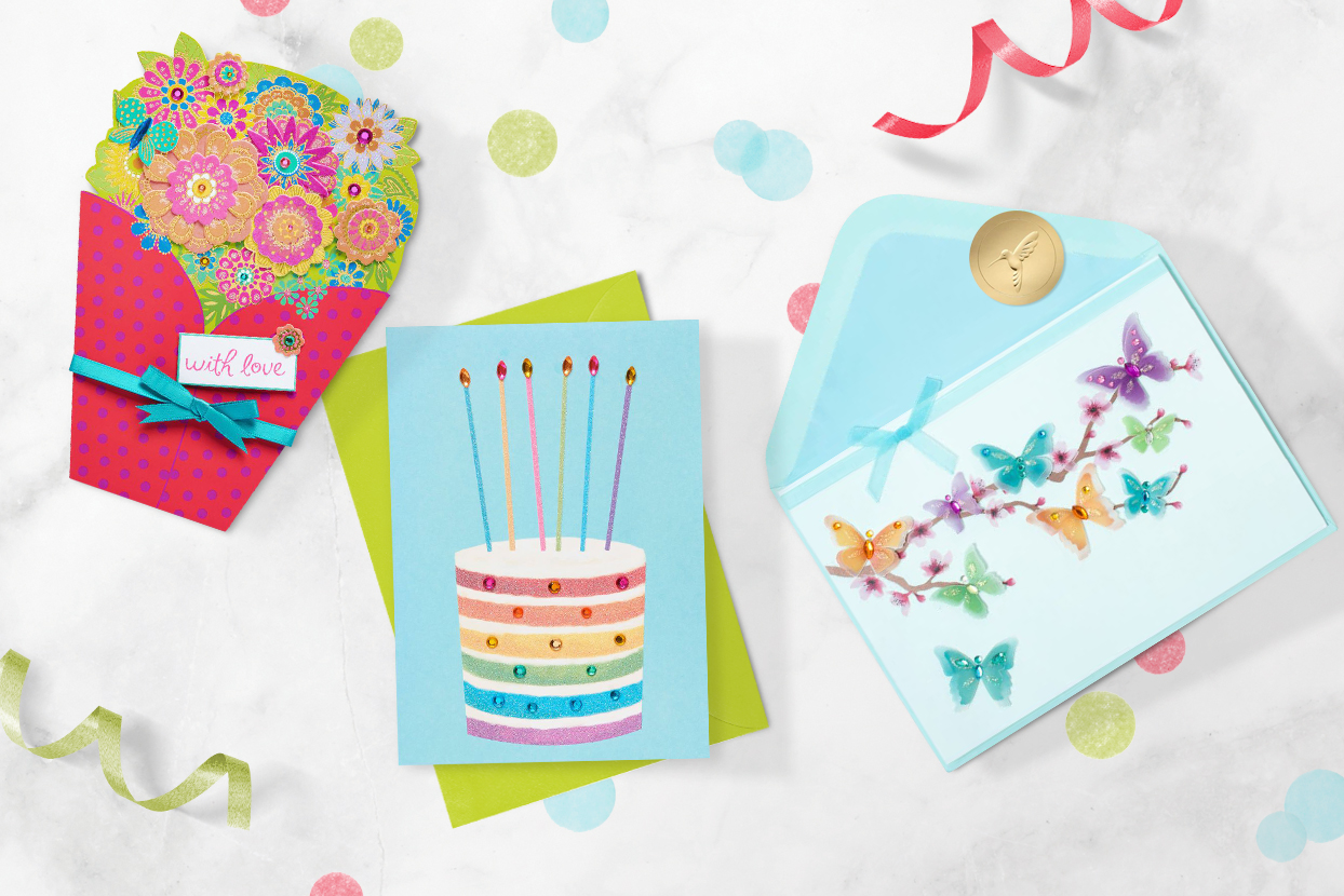 Bouquet card, rainbow cake card, and butterfly card