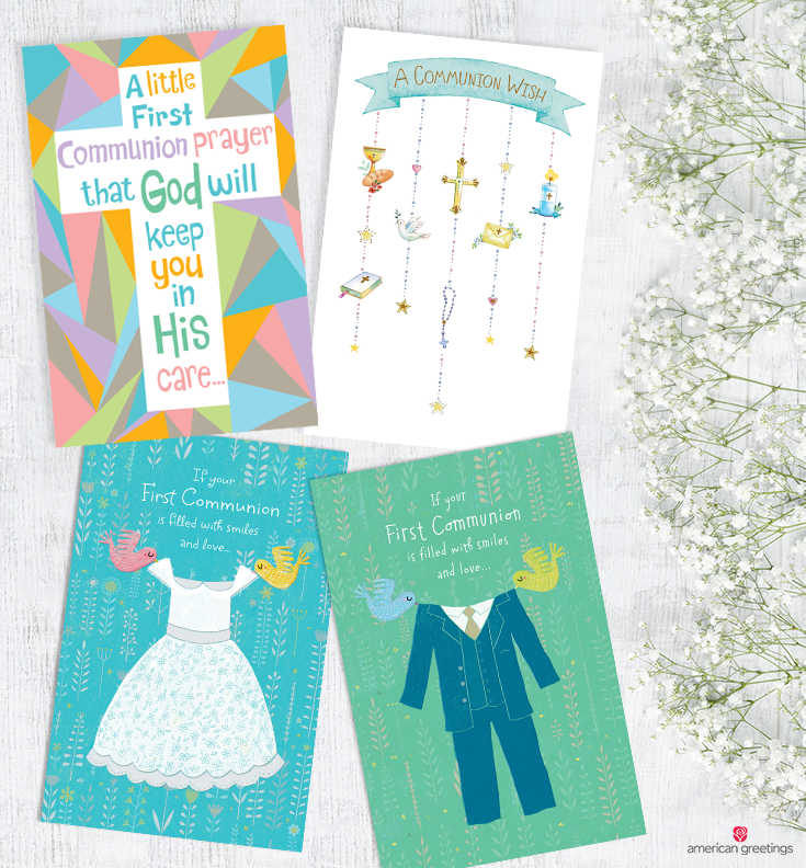 Four confirmation cards on a white background next to white Baby's breath flowers.