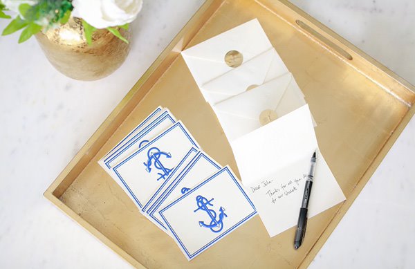 anchor thank you stationery on gold tray